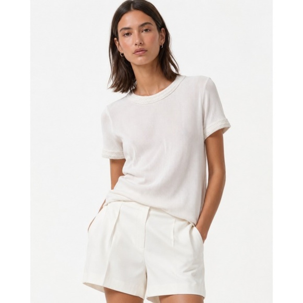 Les Serein Scarlet Crochet‎ Trim Knit Top White Ribbed Short Sleeve L NWT